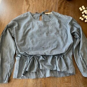 Madewell Blue Gingham Long Sleeve Blouse with Ruffle Tie Hem